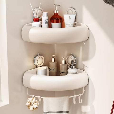 CICUFY triangle cream shower caddy front view with towel bar for quick access.