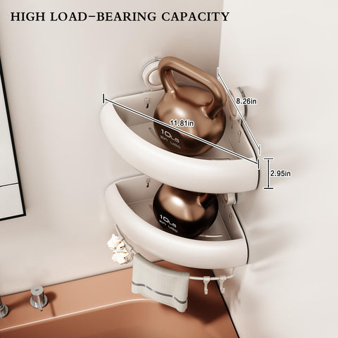 CICUFY triangle cream shower caddy side view showing hooks and rack space.