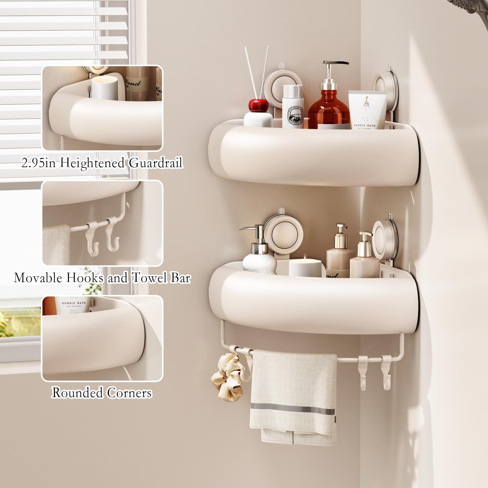 CICUFY triangle cream caddy with towel bar and movable hooks in use.