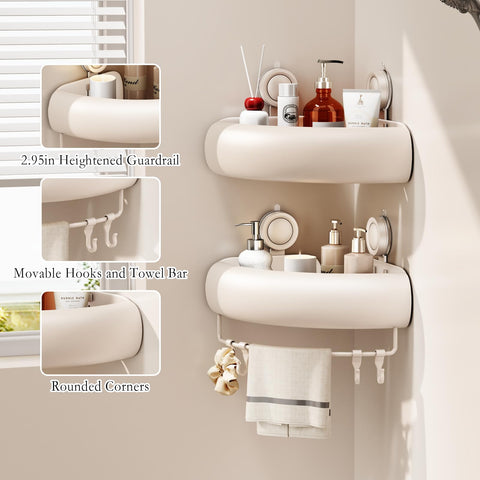 CICUFY triangle cream caddy with towel bar and movable hooks in use.