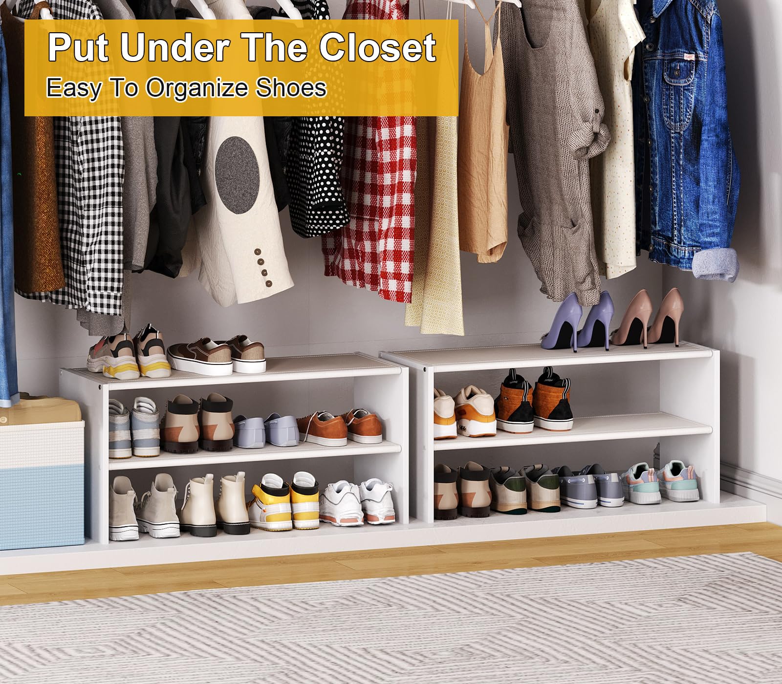 Cidaziya 2-tier white shoe rack in closet demonstrating nine to twelve pair capacity.