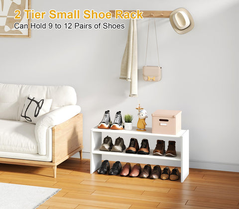 Cidaziya stackable shoe shelf shown stacked to save floor space.