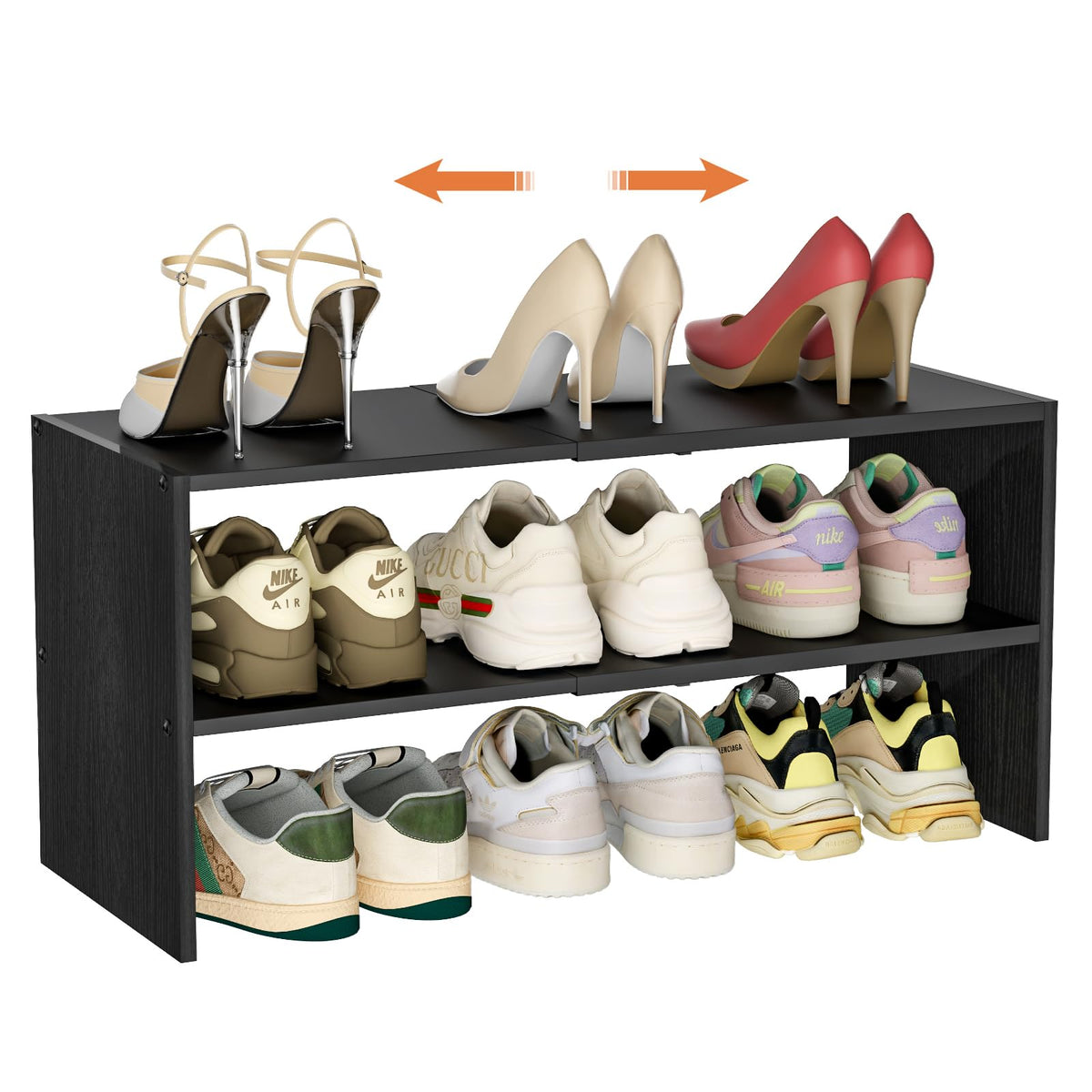 Cidaziya black shoe rack extendable side view showing space-saving design