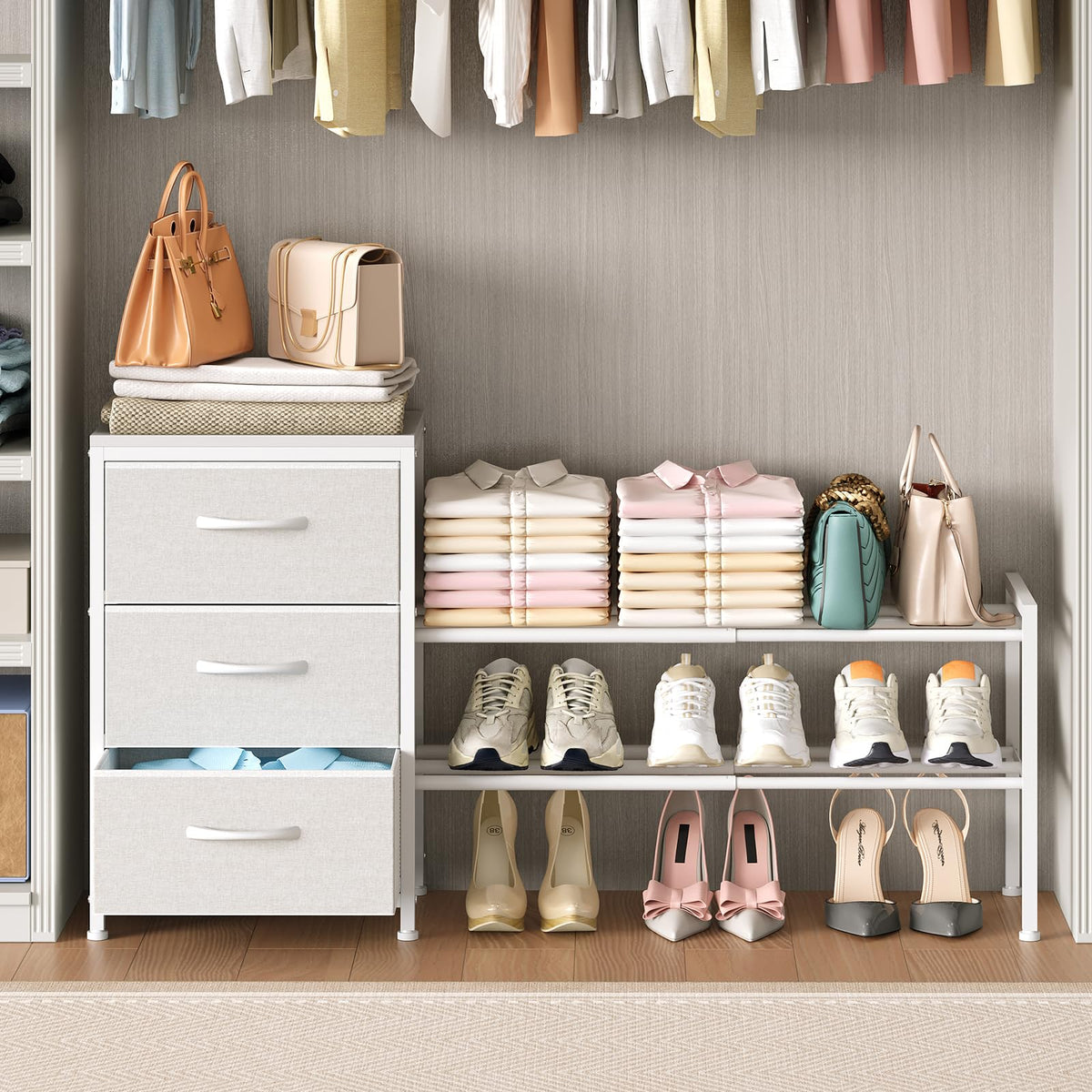 Cidaziya expandable closet organizer front view shows space saving design for bedrooms.