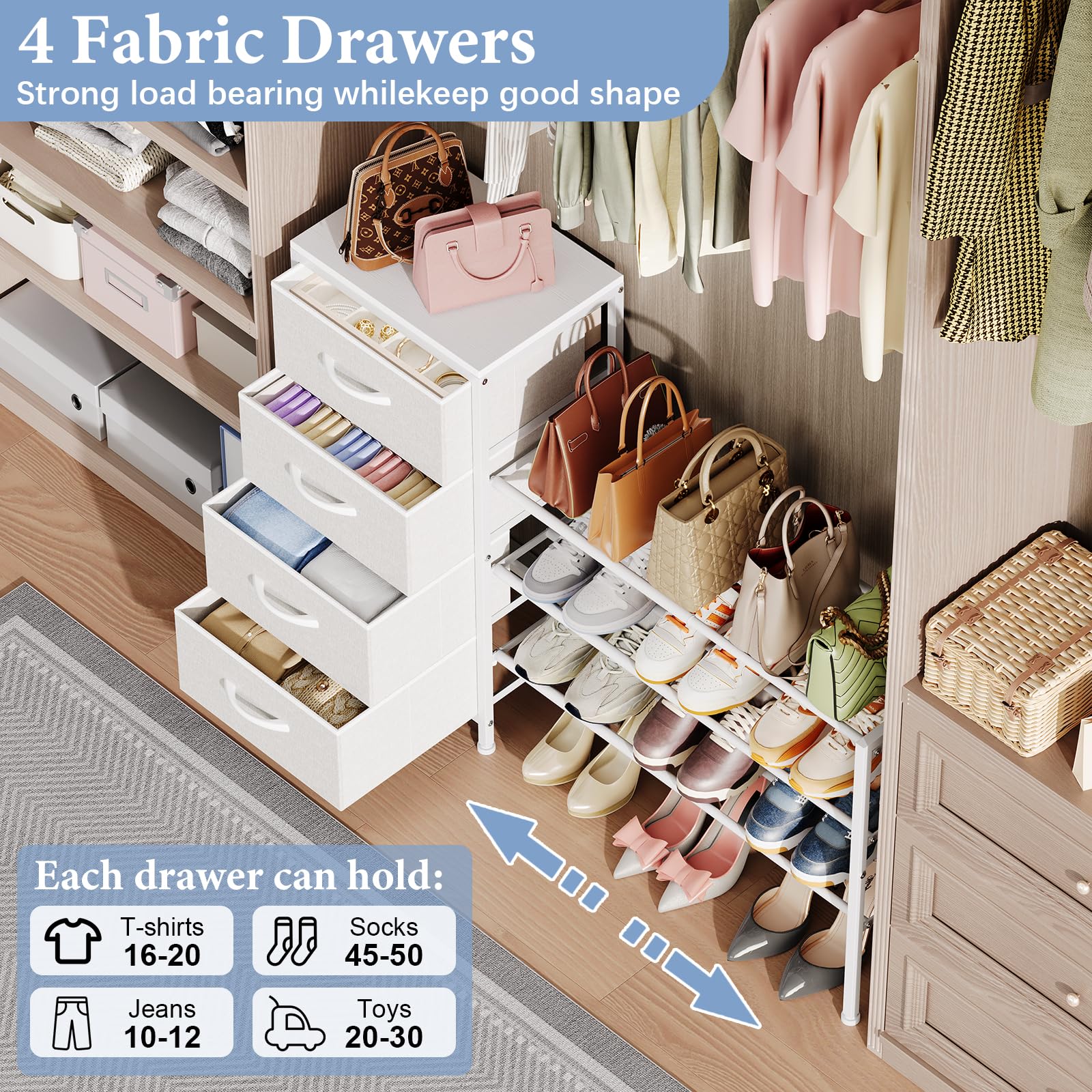 Cidaziya four-drawer fabric dresser keeps garments neatly organized.