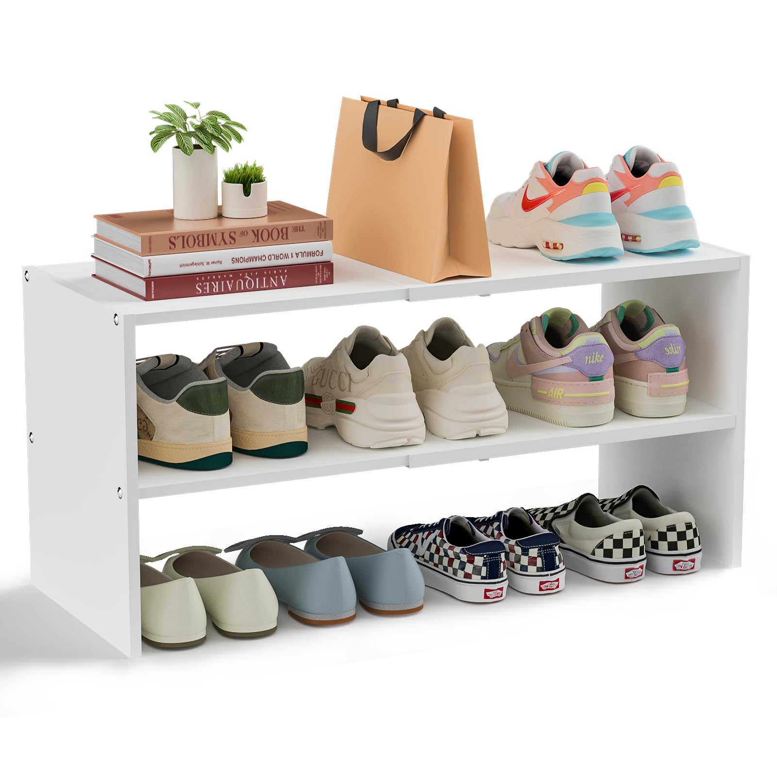 Cidaziya white shoe rack 2-tier front view for expandable closet storage.