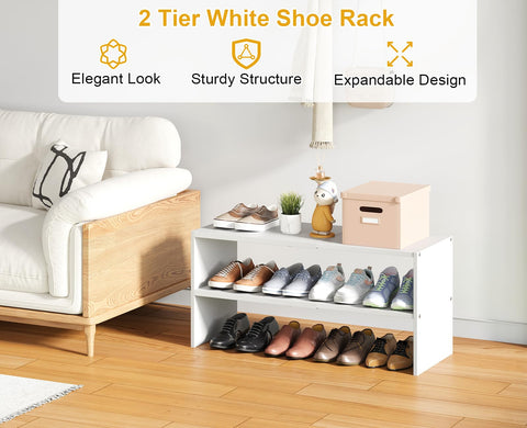 Cidaziya white shoe rack 2-tier side view highlights compact footprint.