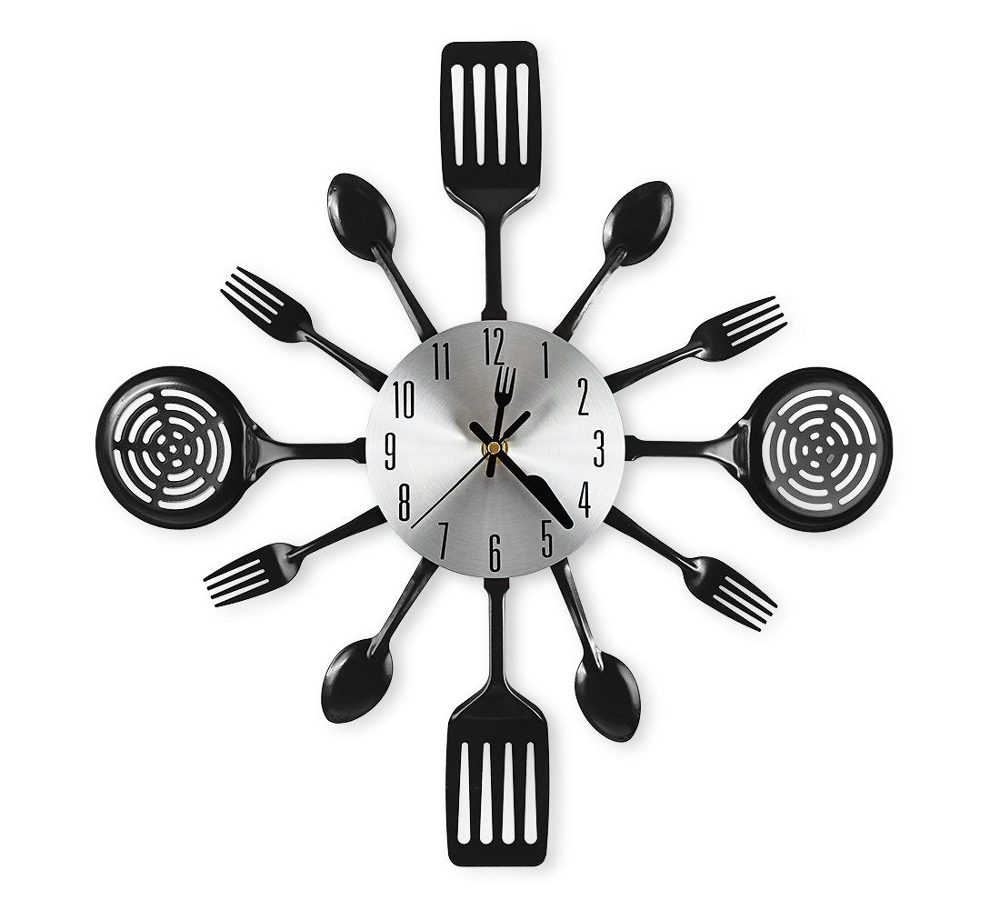 CIGERA 16-Inch Cutlery Wall Clock with fork and spoon dial mounted on kitchen wall for style.