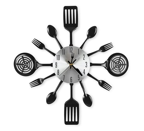 CIGERA 16-Inch Cutlery Wall Clock with fork and spoon dial mounted on kitchen wall for style.