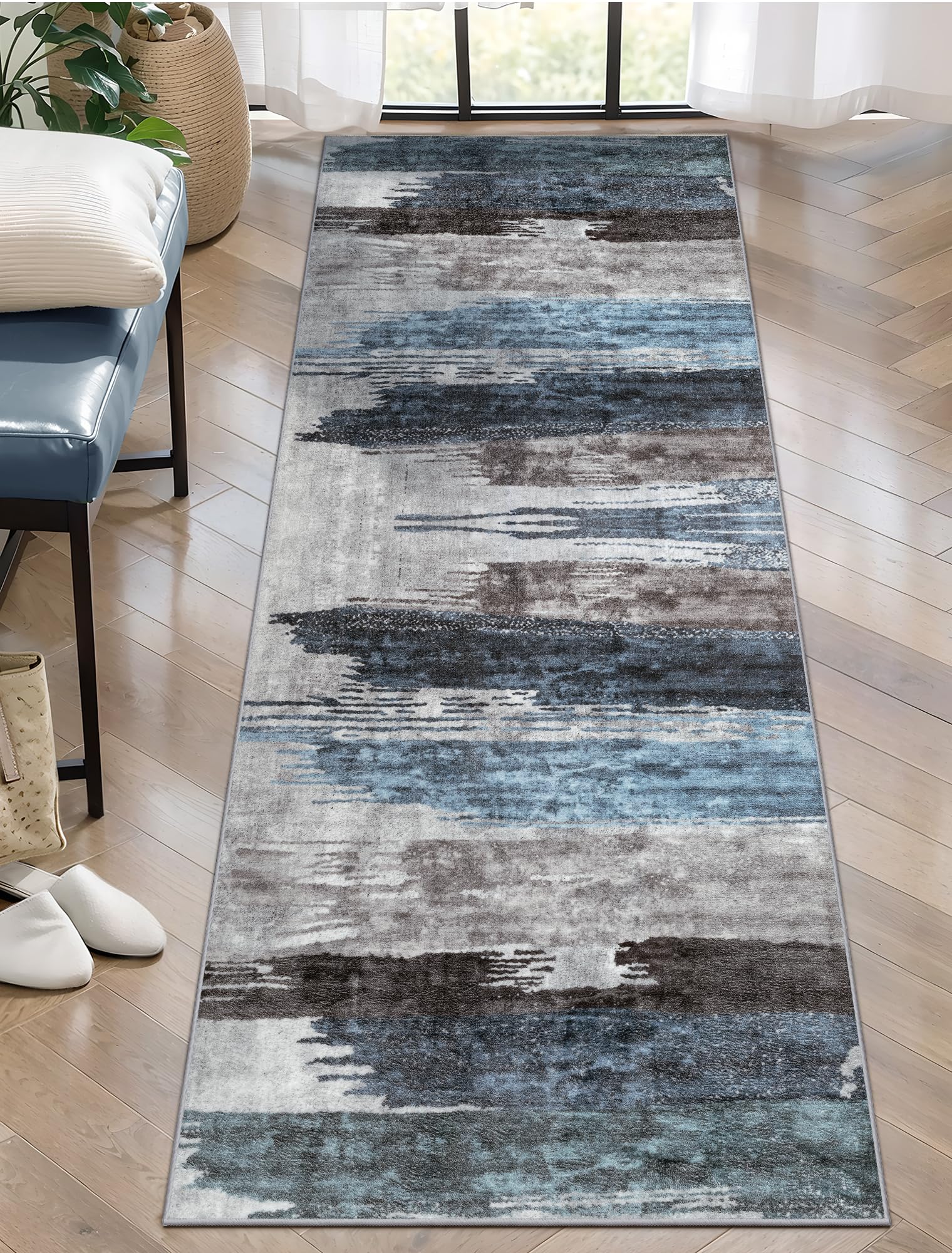 Ciicool 2x6 navy-grey abstract runner for hallways with easy cleaning