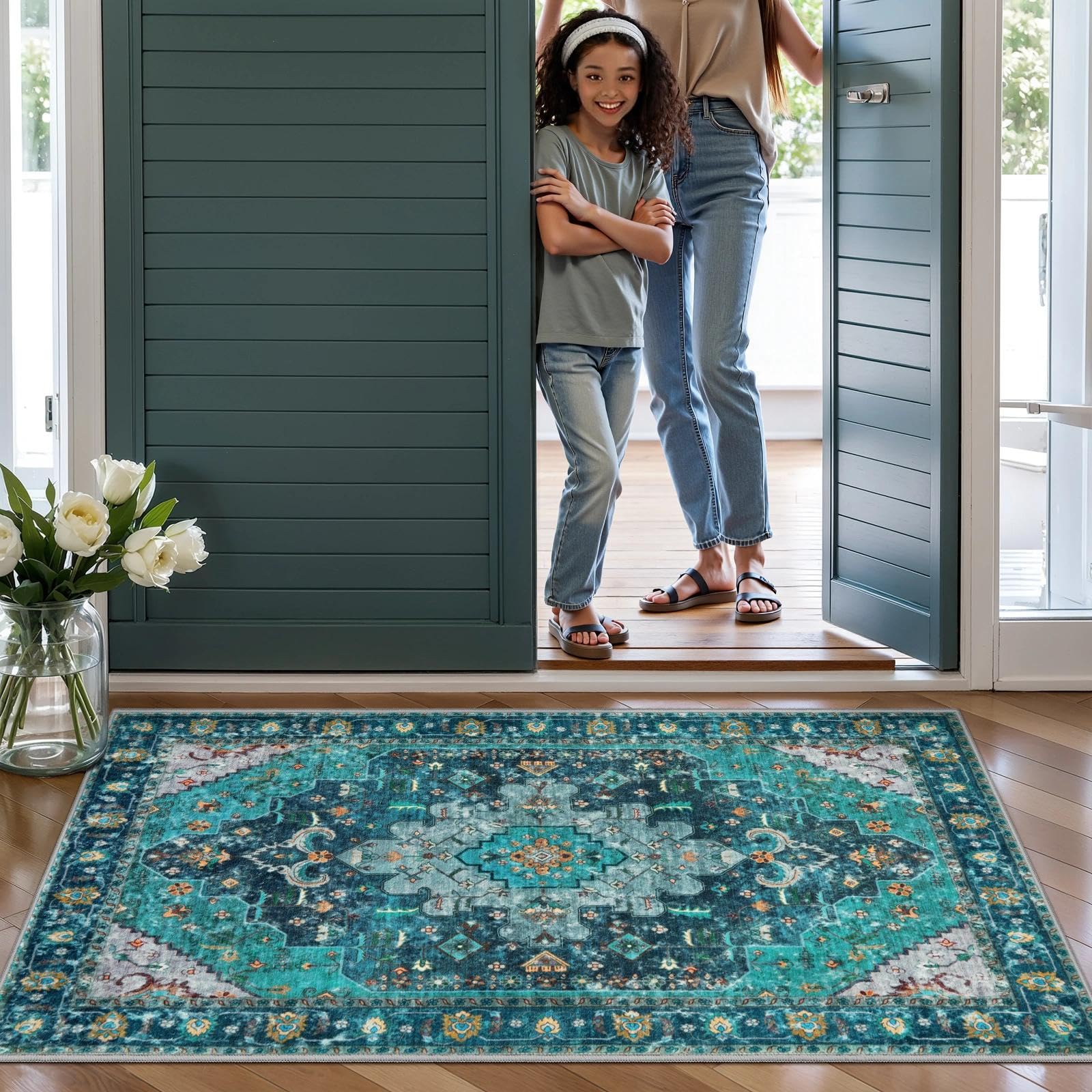 Ciicool teal boho medallion rug with anti-slip backing.