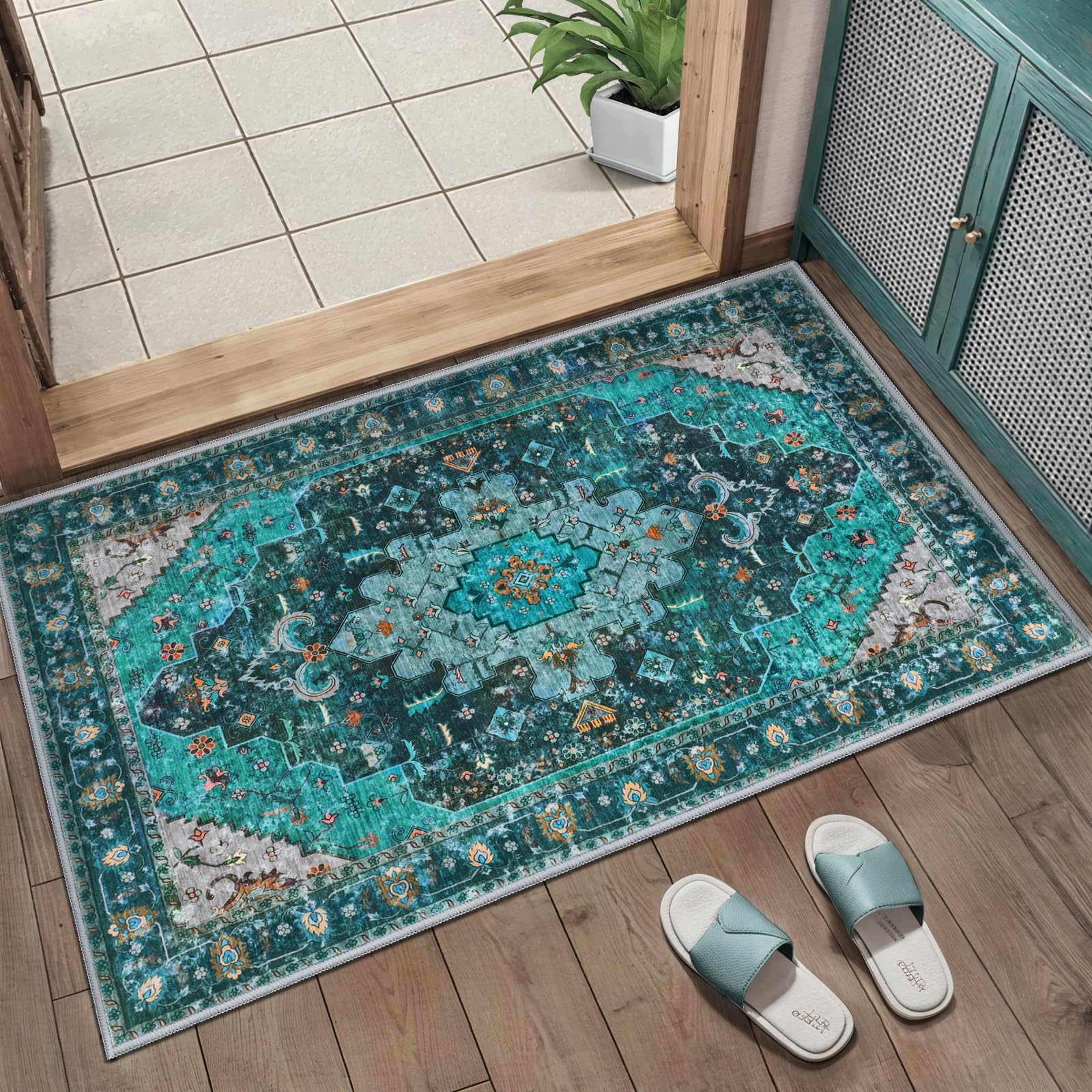 Ciicool washable teal Boho area rug with a 2x3 ft size for entryways.