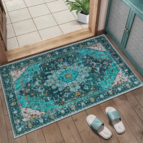 Ciicool washable teal Boho area rug with a 2x3 ft size for entryways.