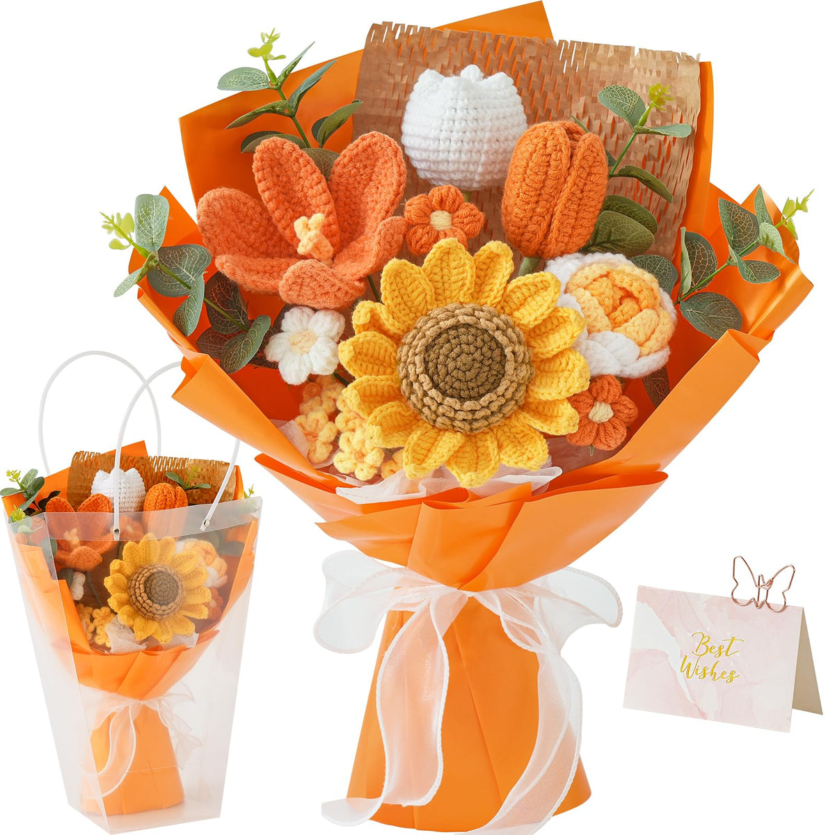 Cilimnas crochet orange flower bouquet – handmade detail for lasting gift appeal.