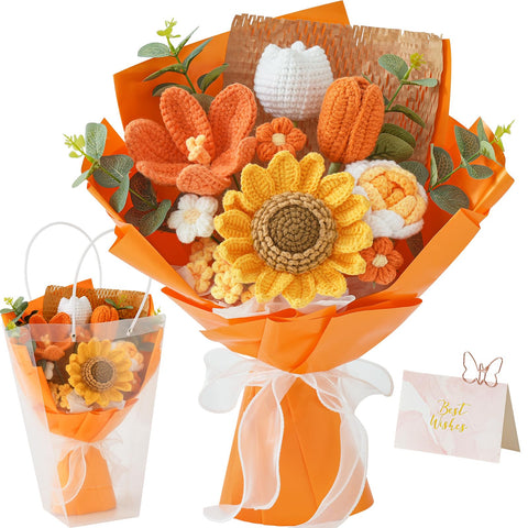 Cilimnas crochet orange flower bouquet – handmade detail for lasting gift appeal.