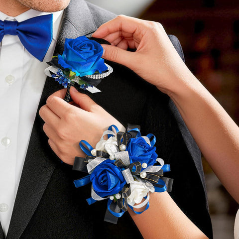 Cilimnas blue wrist corsage with silk rose for prom or homecoming.