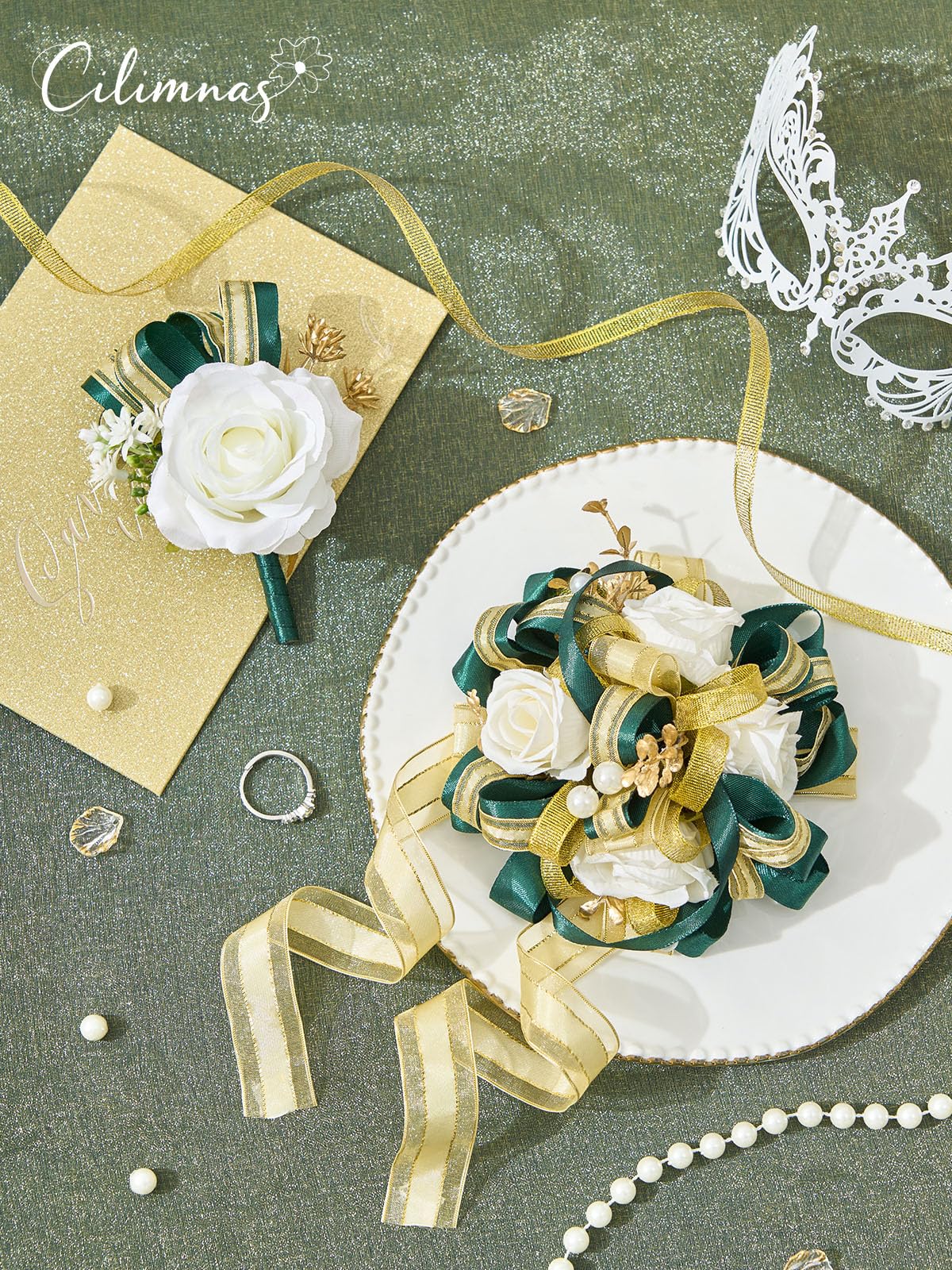 Cilimnas wrist corsage with dark green ribbon and adjustable band
