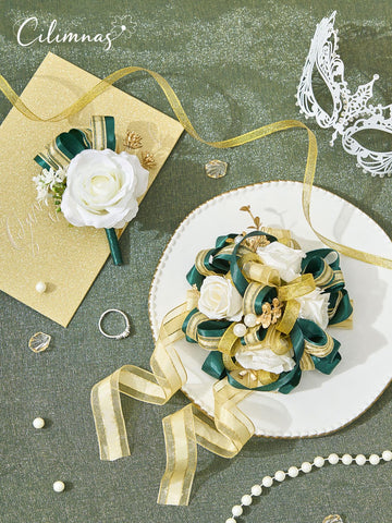 Cilimnas wrist corsage with dark green ribbon and adjustable band