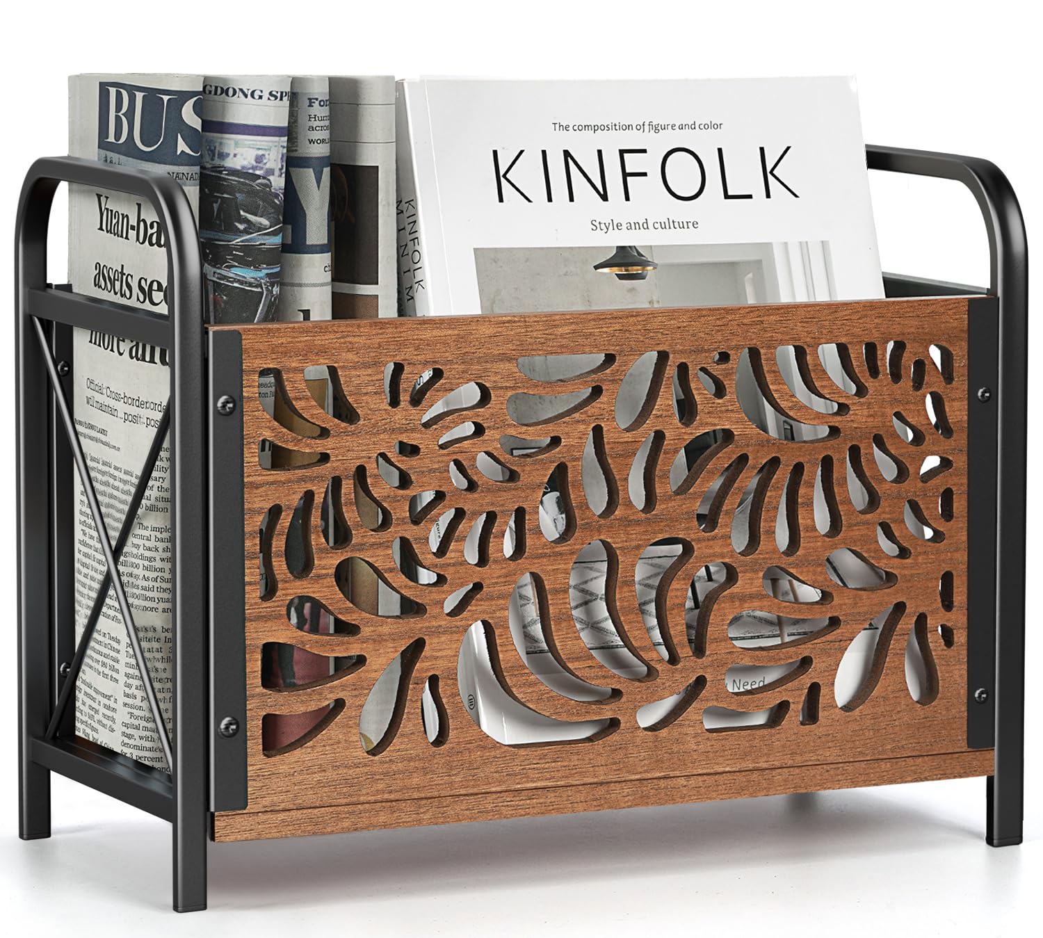 CILXGQLN magazine holder floor with wood and metal, sturdy storage for magazines and books.