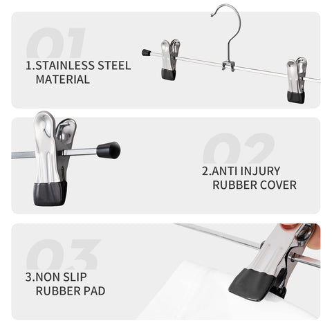 Adjustable CIMLORD pant hangers with clips demonstrating versatile fit for sizes.