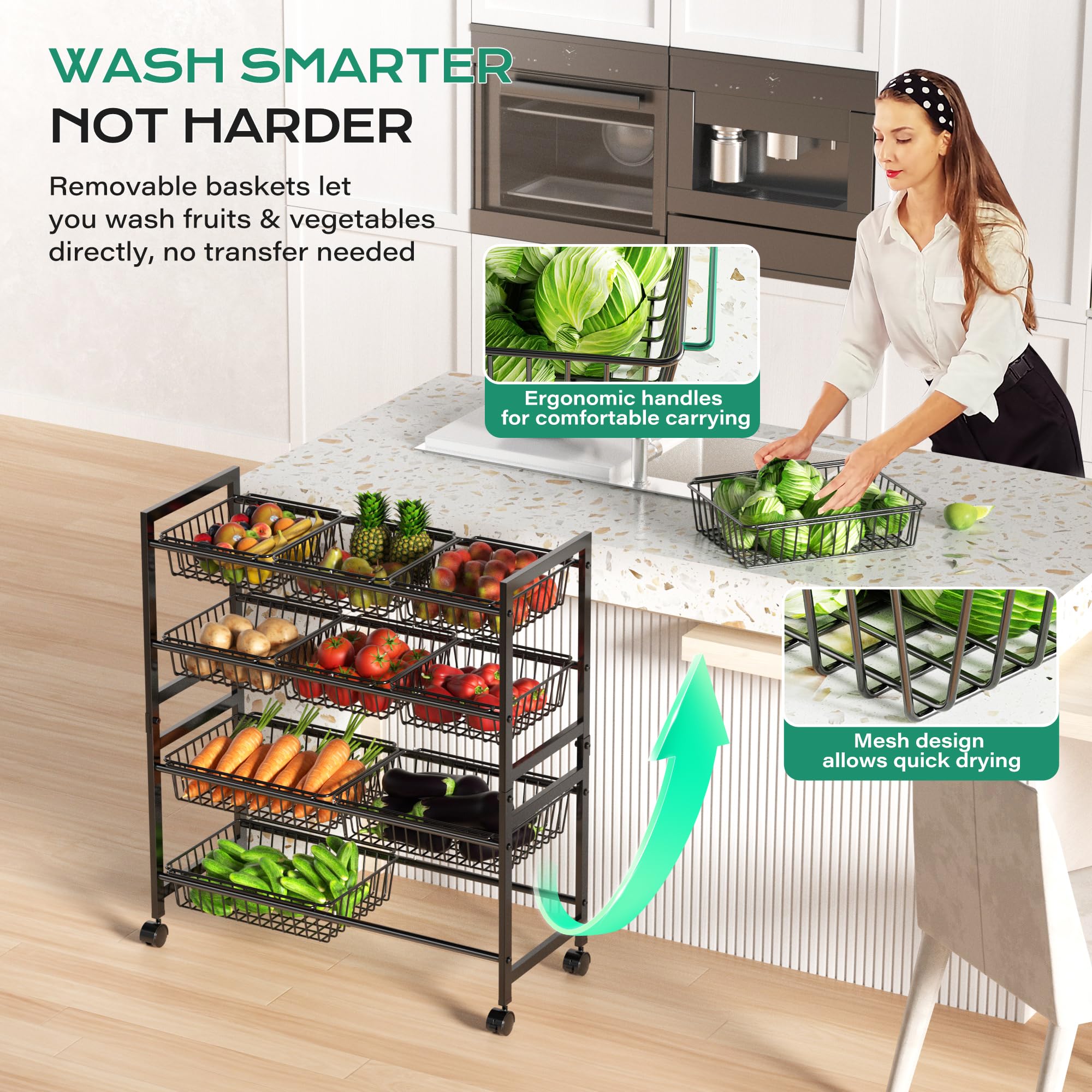Cinati mobile kitchen organizer on wheels for flexible room rearrangement