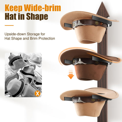 Cinati space-saving wall organizer holds multiple wide-brim hats.