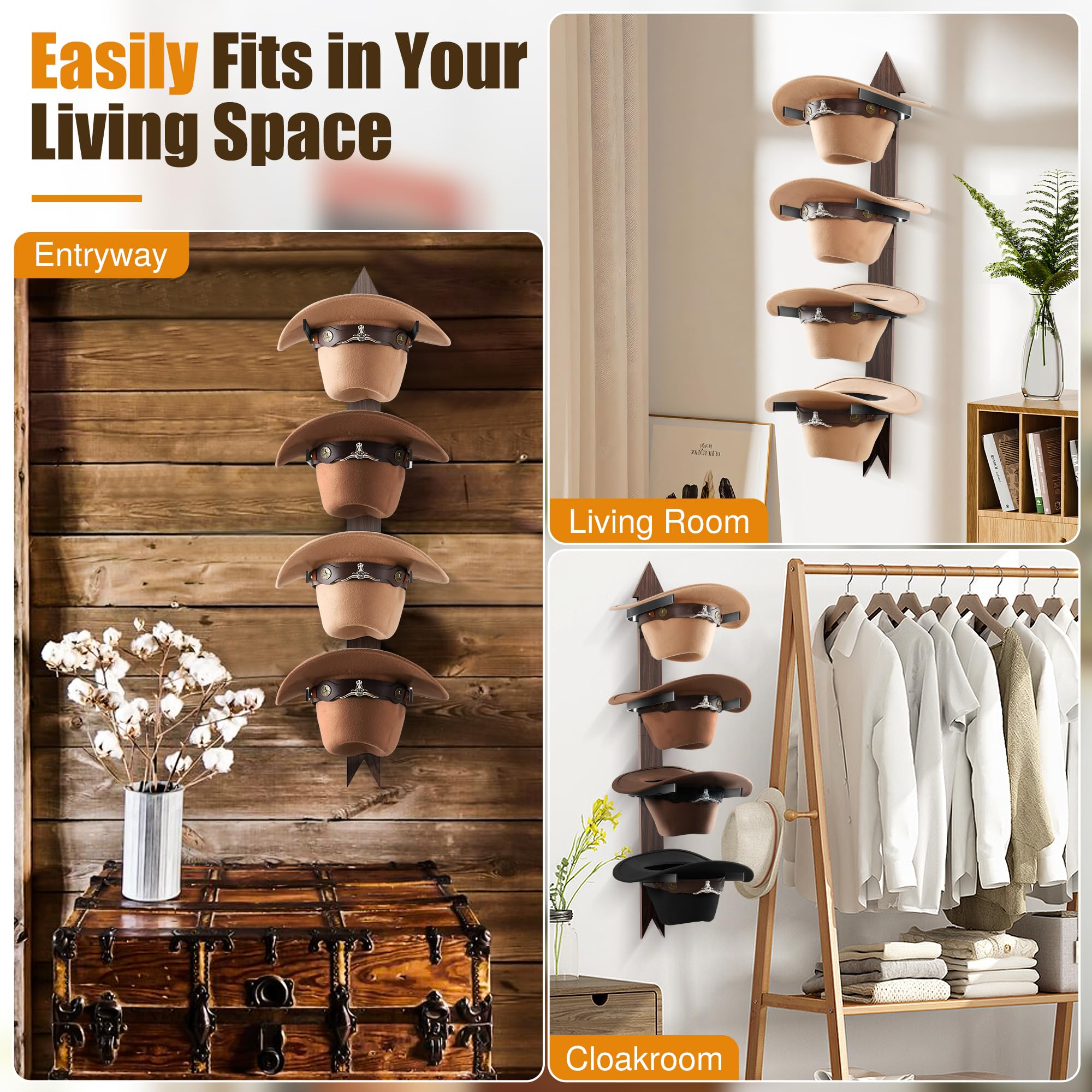 Cinati wooden hat holder blends rustic wood and metal hooks.