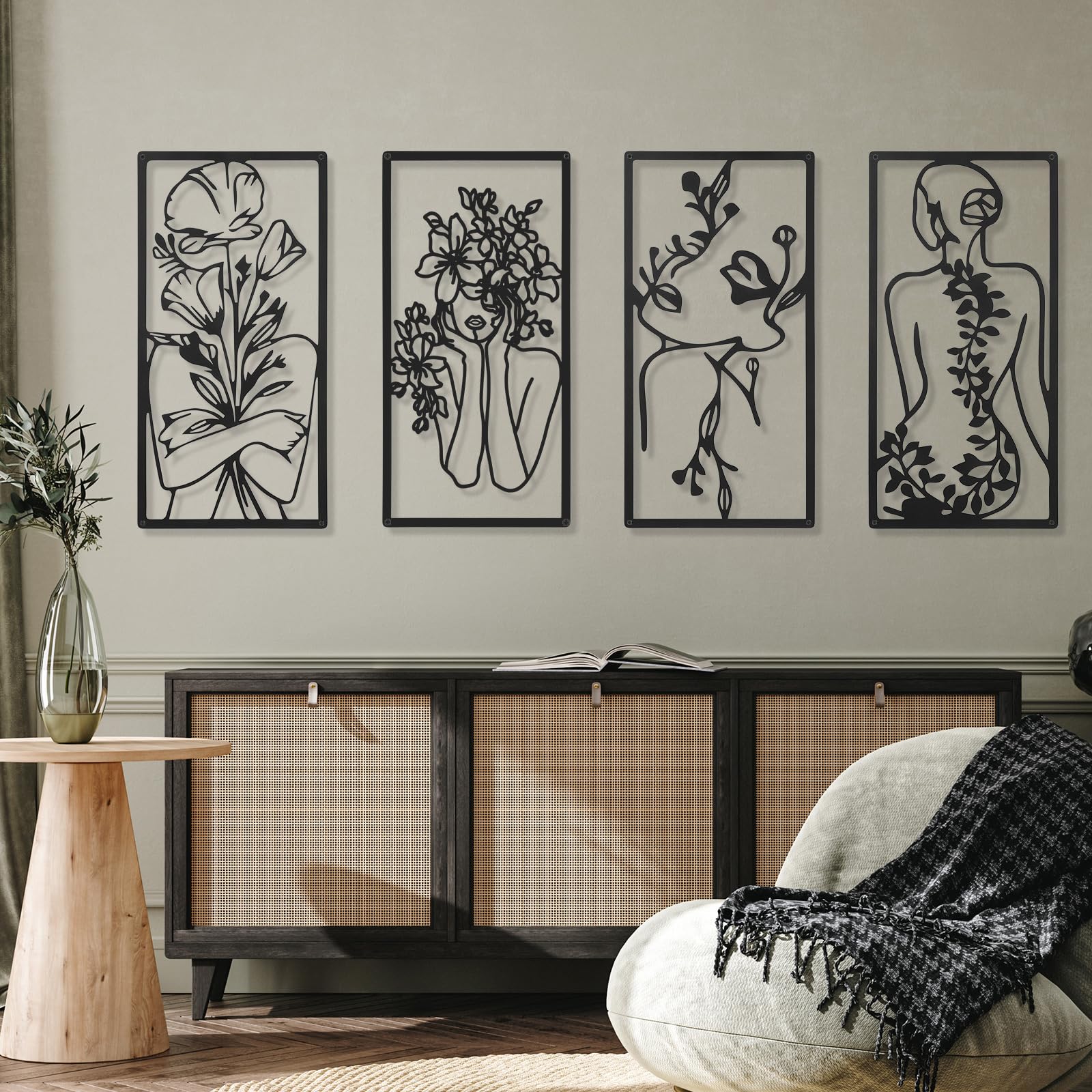 Cindeer four-piece minimalist woman wall art collection enhances modern interiors with versatile display options.