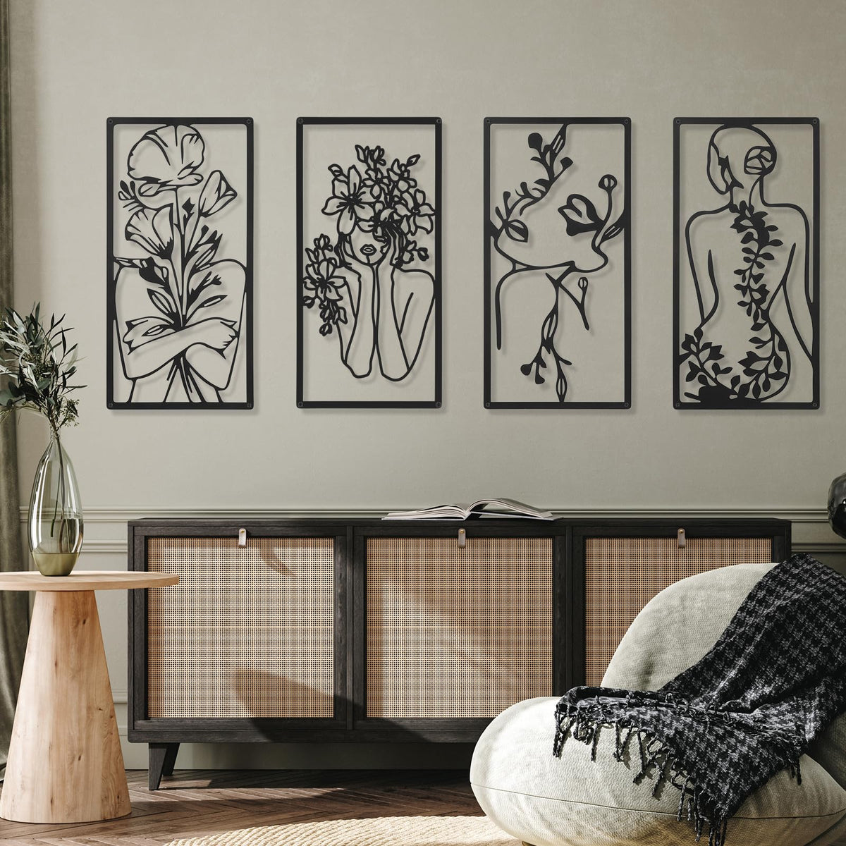 Cindeer four-piece minimalist woman wall art collection enhances modern interiors with versatile display options.