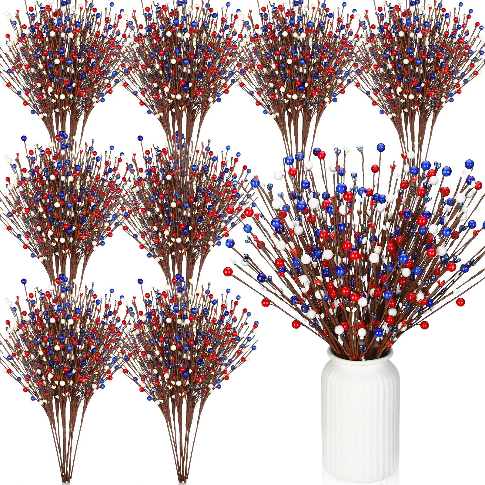 Cindeer patriotic berry stem pick for 4th of July decor, adds festive color easily.