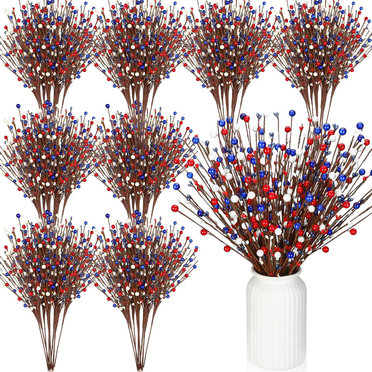 Cindeer patriotic berry stem pick for 4th of July decor, adds festive color easily.