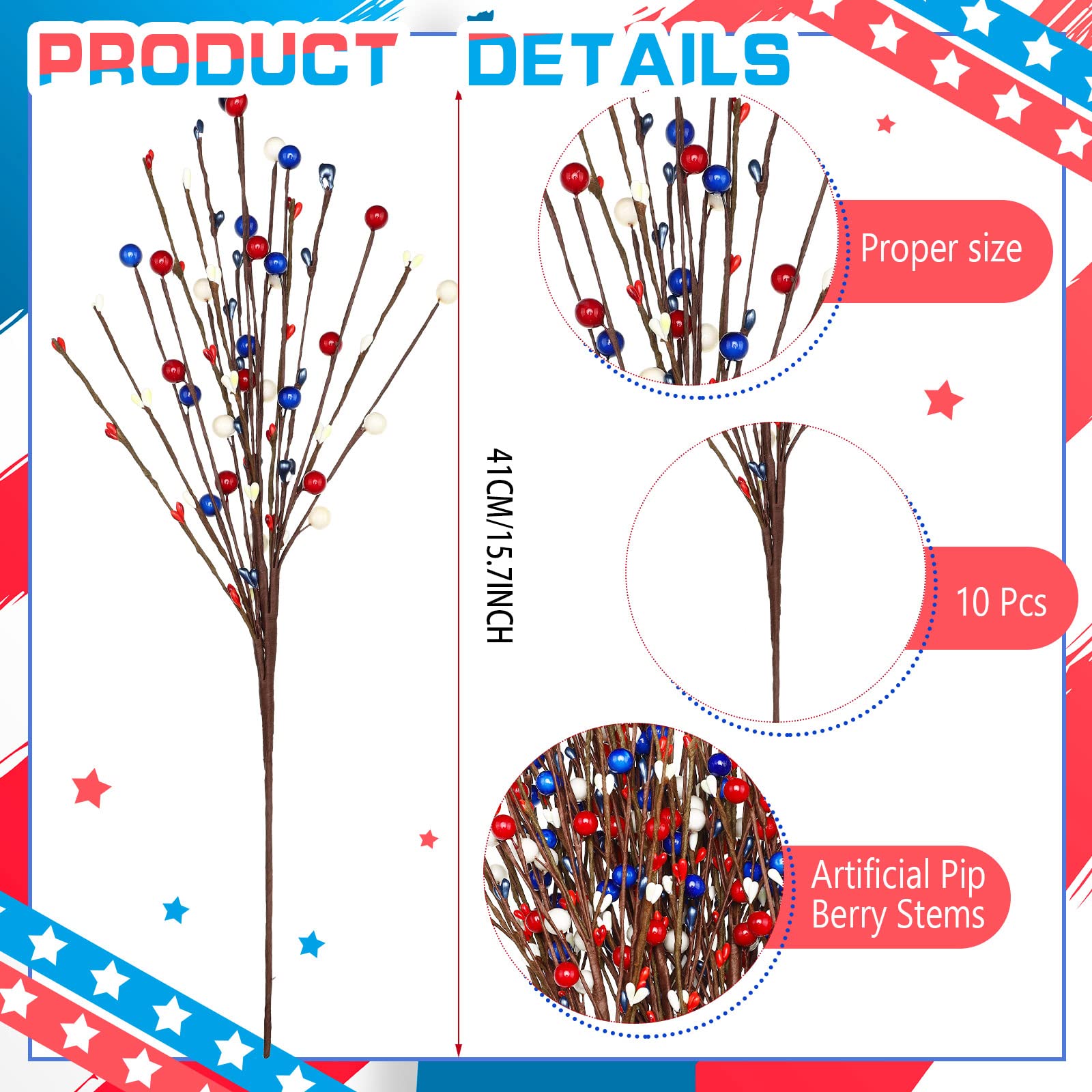 Cindeer white blue red berry stem for indoor displays and patriotic table arrangements.