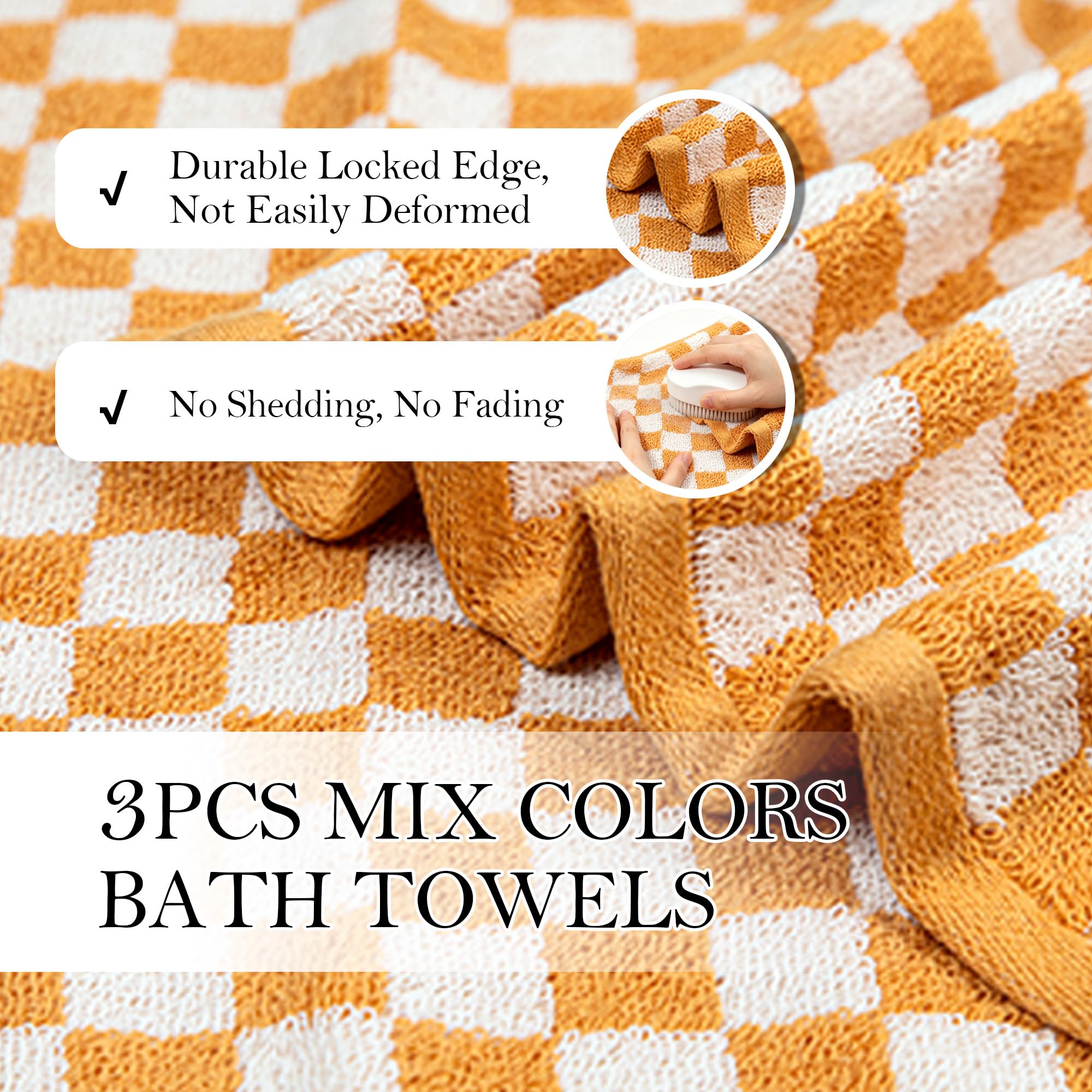 CinGiiCo orange-green-pink towels brighten bathroom decor.