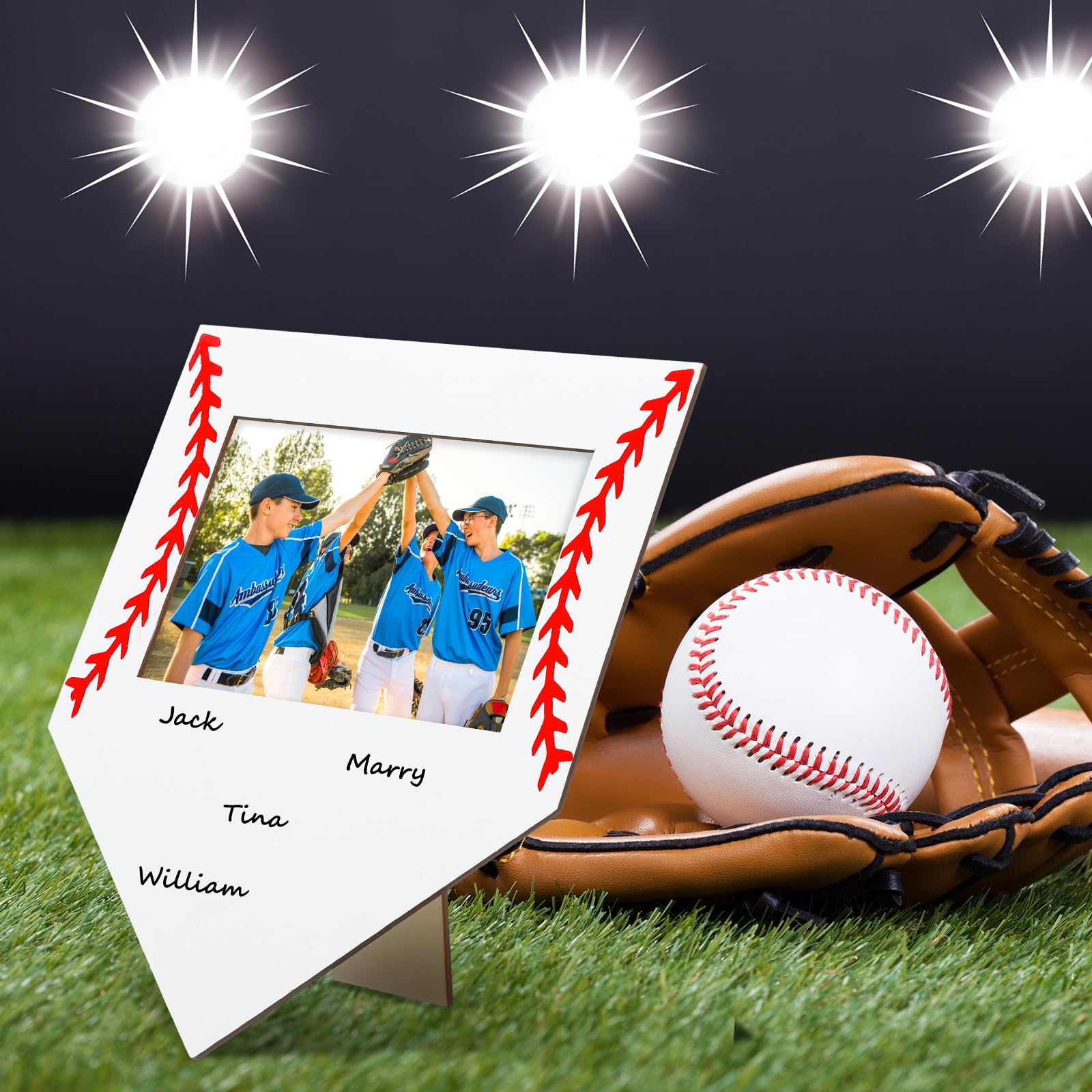 Cinnvoice baseball photo frame back supports vertical or horizontal display.