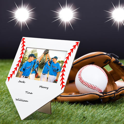 Cinnvoice baseball photo frame back supports vertical or horizontal display.