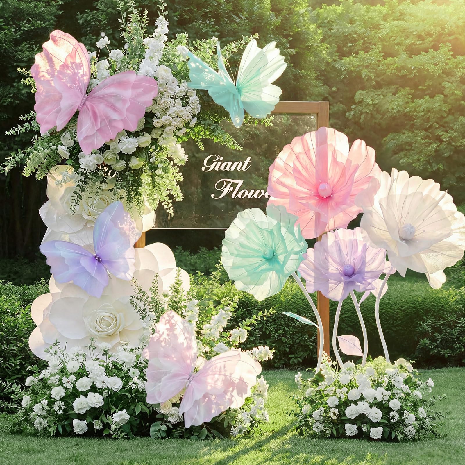 Cinnvoice 12-inch purple butterfly flower decor adds depth to ceremony backdrops.