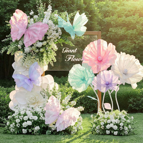 Cinnvoice 12-inch purple butterfly flower decor adds depth to ceremony backdrops.