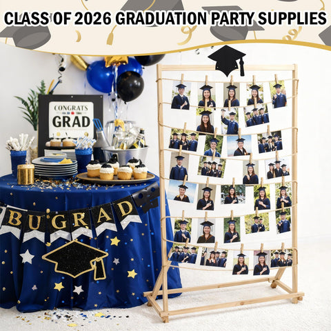 Cinnvoice graduation cap ornaments add a festive touch to the display.