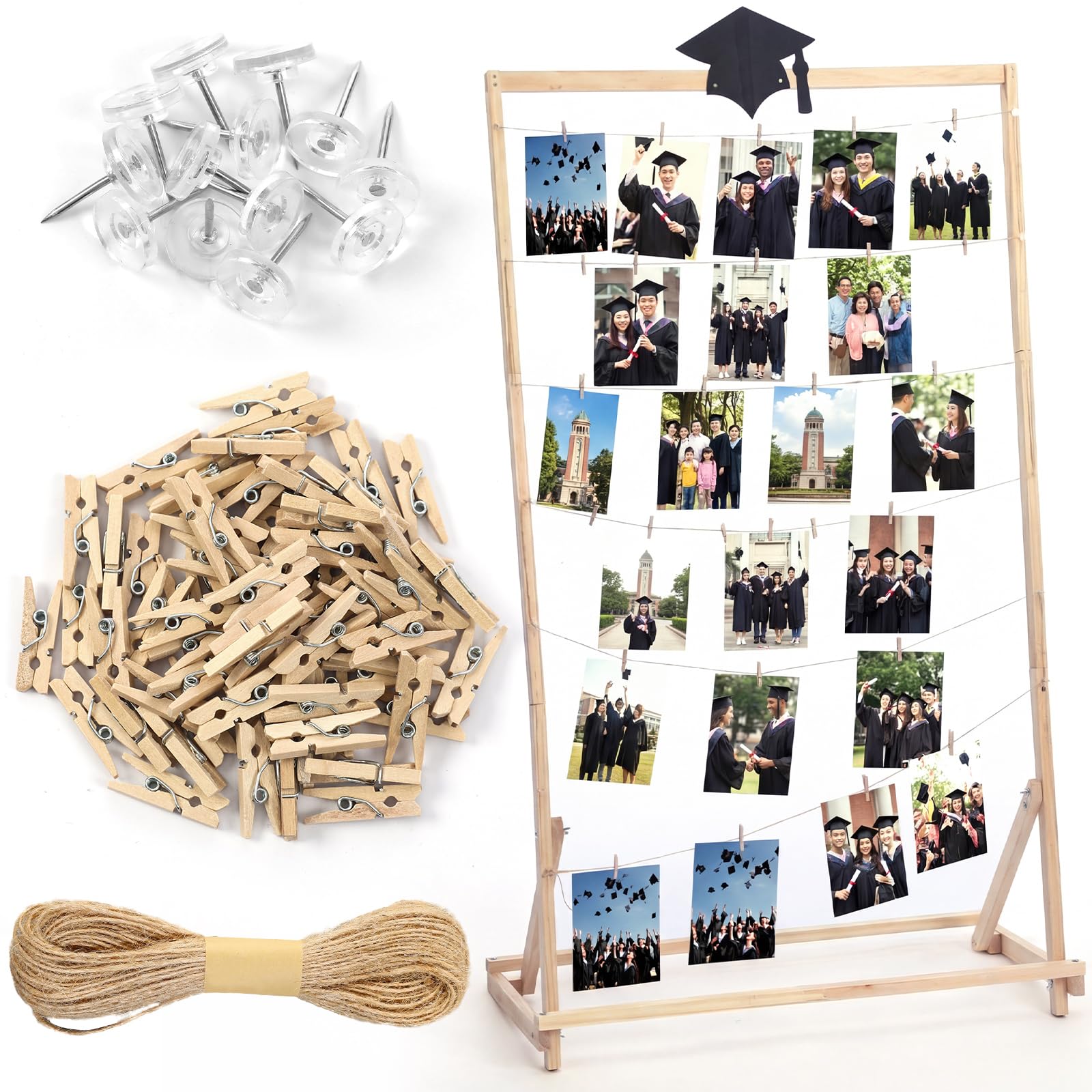 Cinnvoice wooden graduation stand ready to display photos and messages.