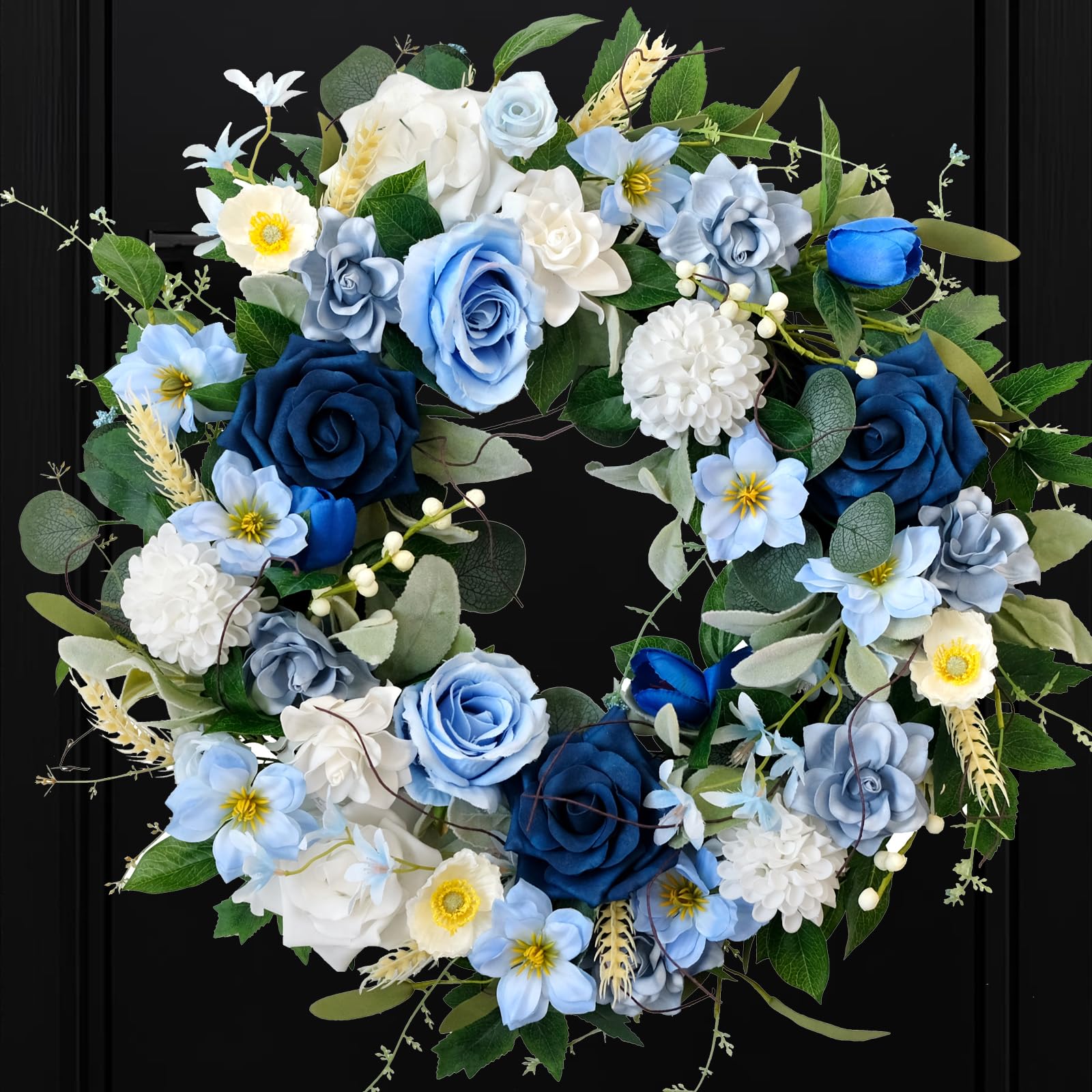 CIR OASES 22 inch blue floral wreath for elegant front door decor