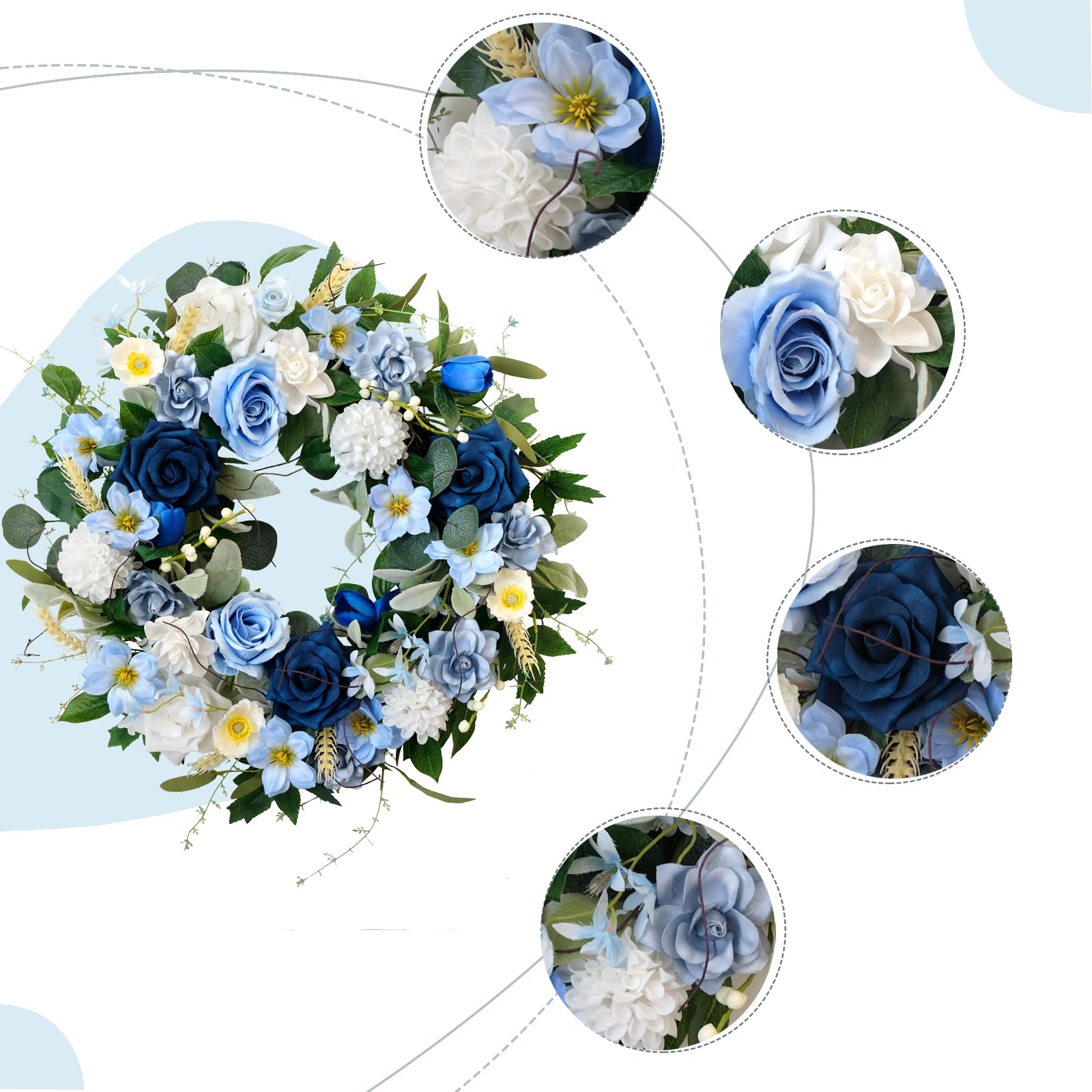 CIR OASES blue roses, dahlias, and hydrangeas wreath brightens indoor walls