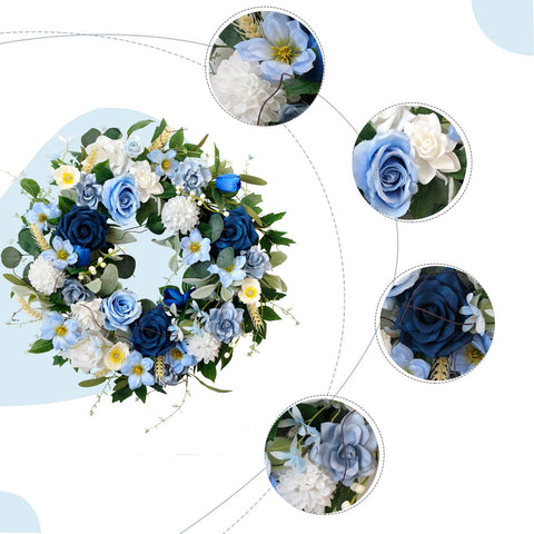 CIR OASES blue roses, dahlias, and hydrangeas wreath brightens indoor walls
