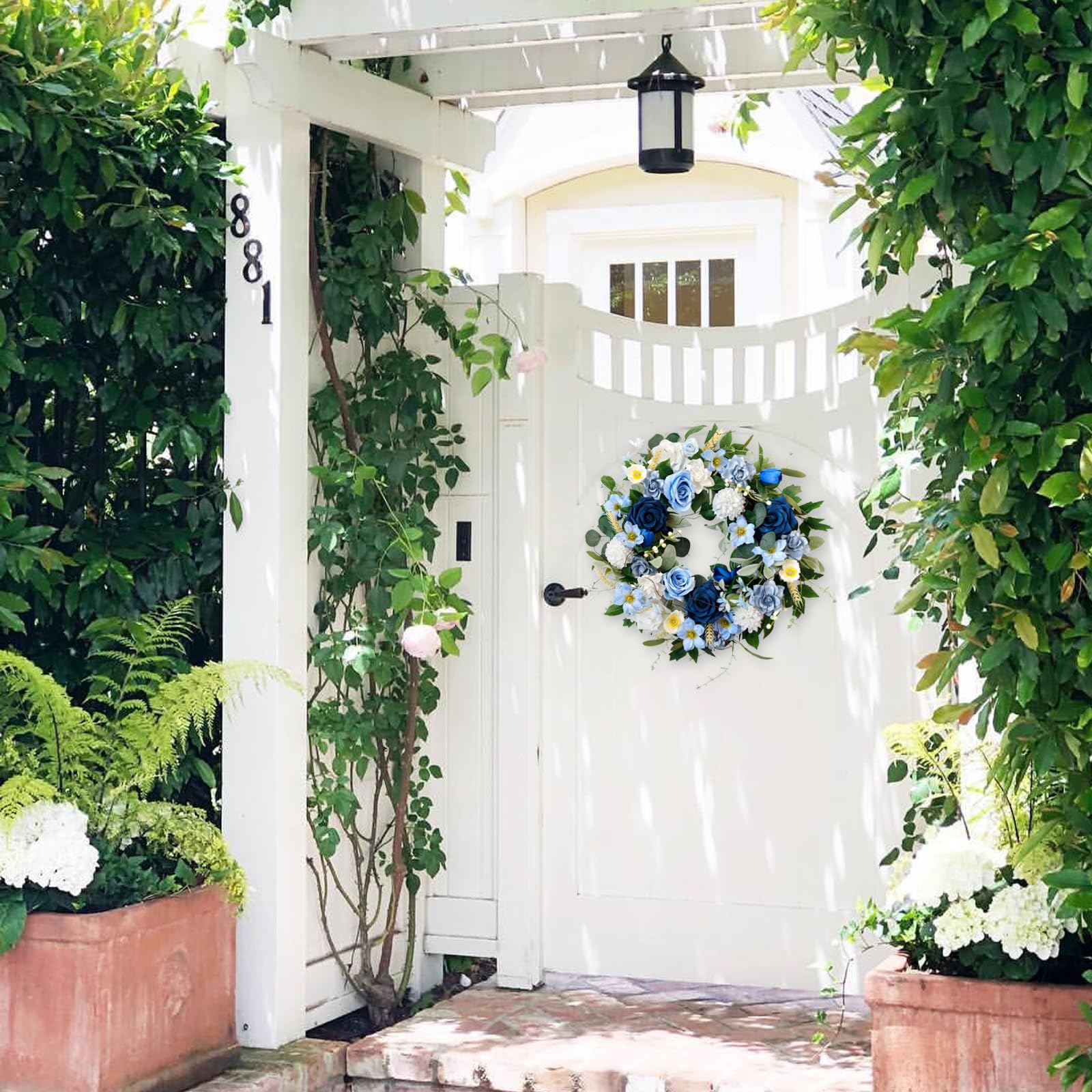 Blue and white floral wreath decorates walls with versatile styling