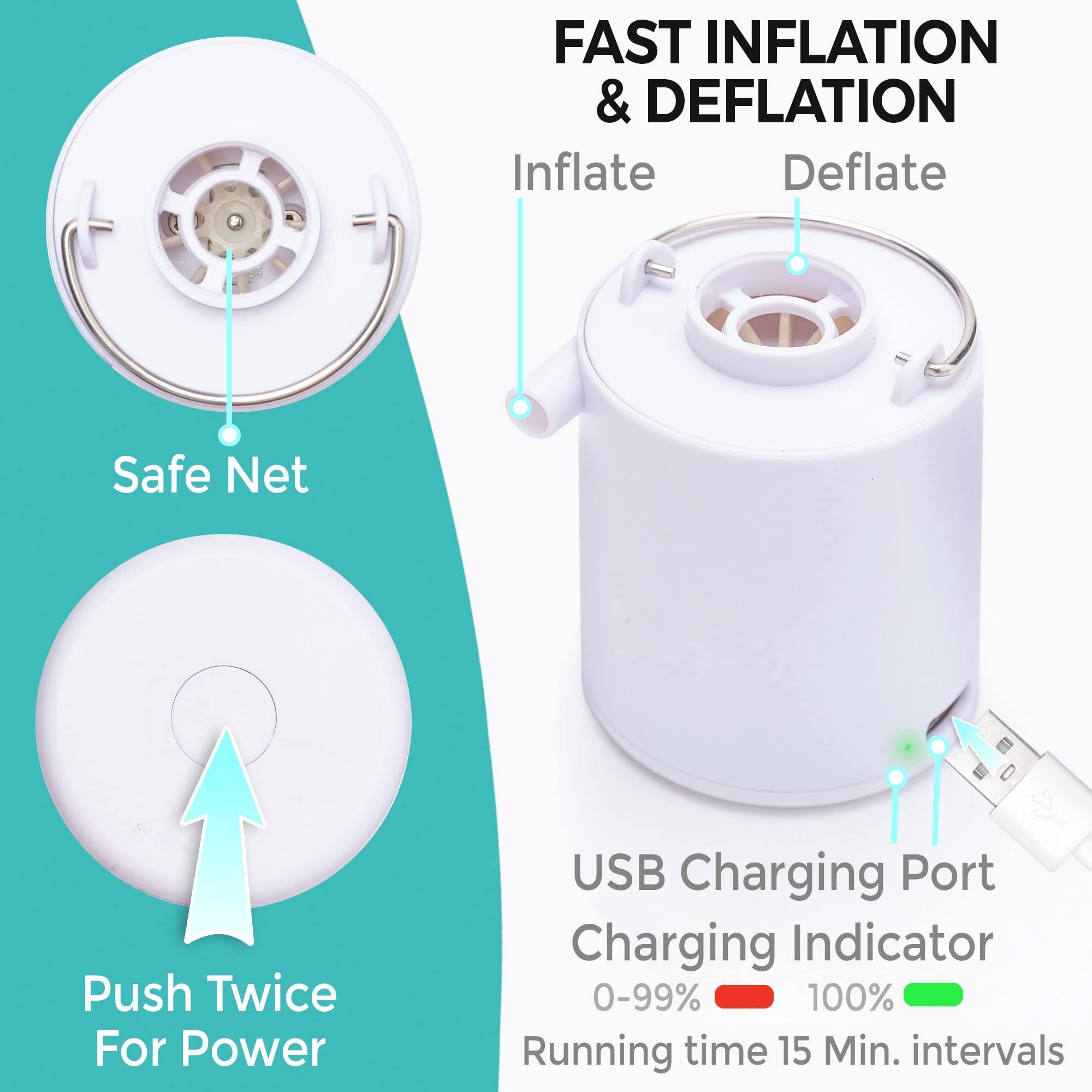 Circa Air mini pump inflating mattress with five nozzles.