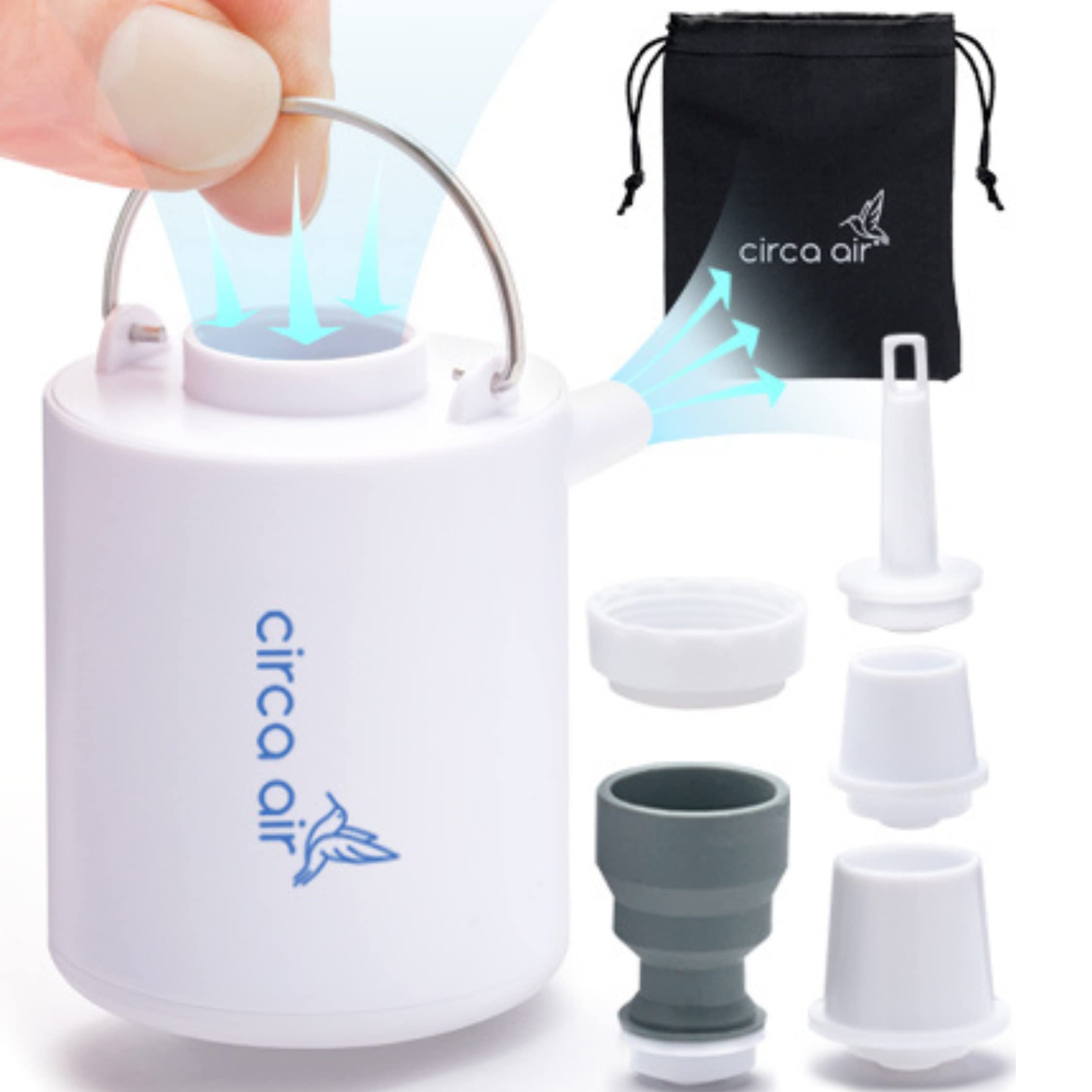 Circa Air mini pump travel-compact on a carry-on for quick inflation.