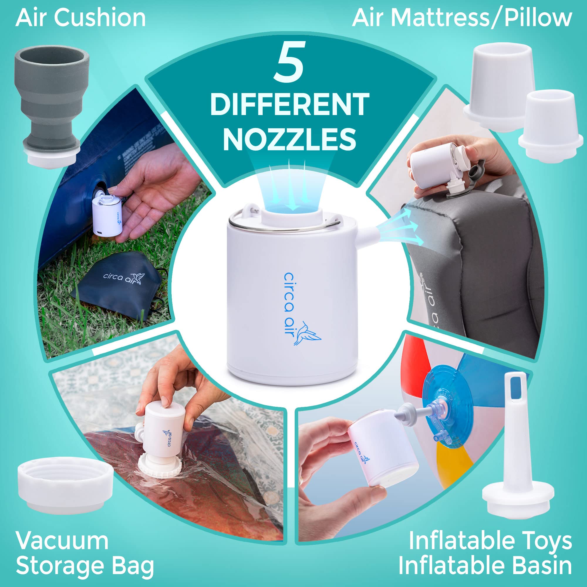 Circa Air mini pump USB-charge powering inflations from a power bank.