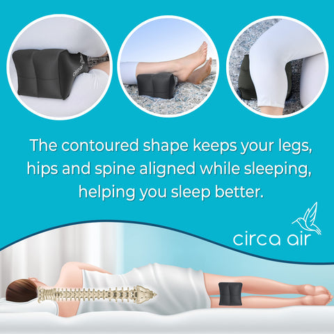 Circa Air travel knee pillow placed between legs for on-the-go support