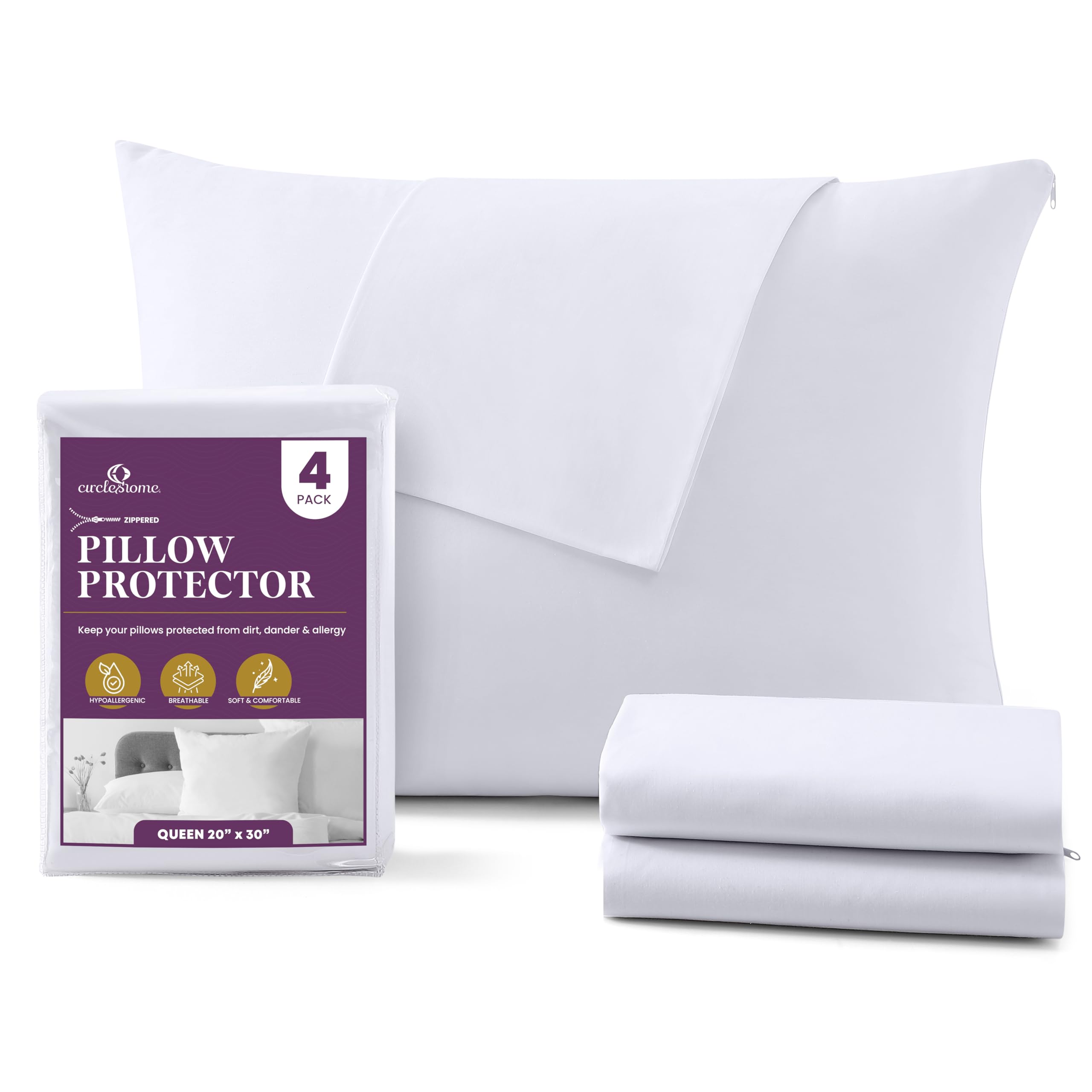 CIRCLESHOME pillow protector with zip close-up on a queen pillow for breathable protection.