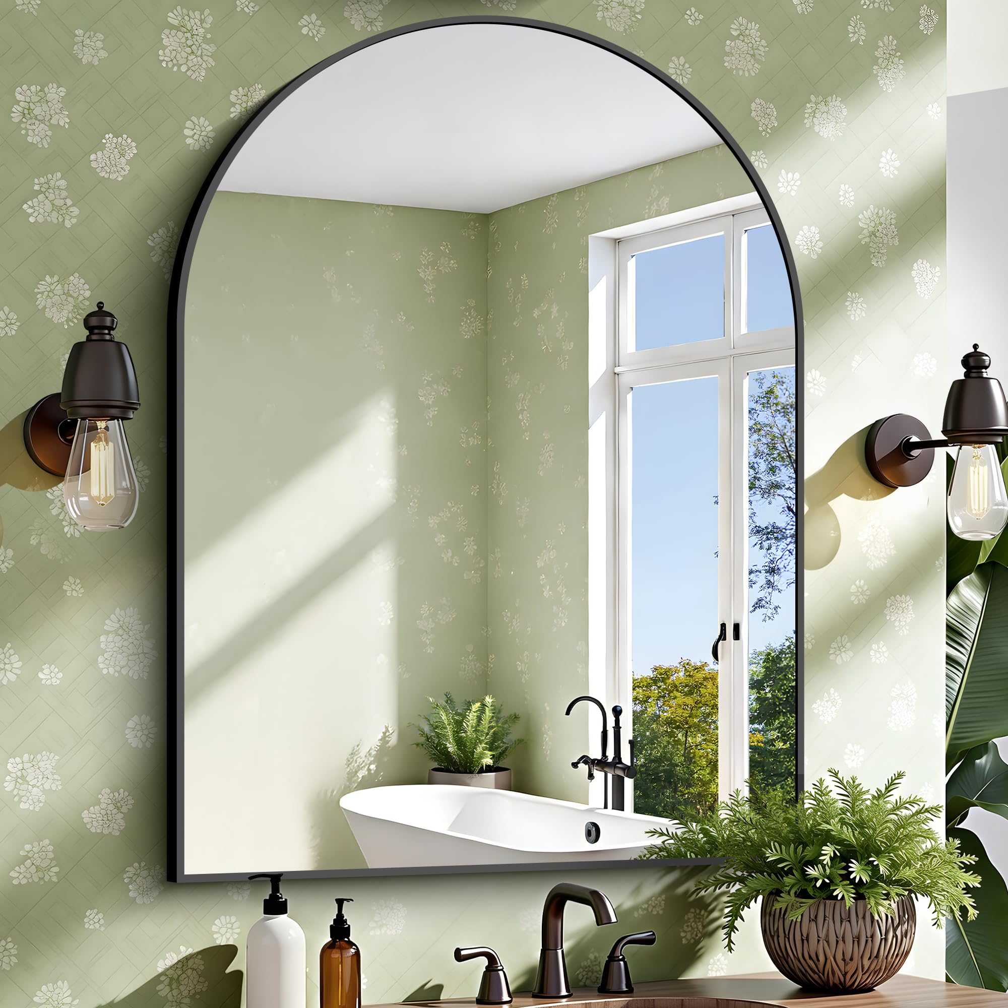 Circumi arched mirror frame detail shows rust-proof aluminum and dark frame