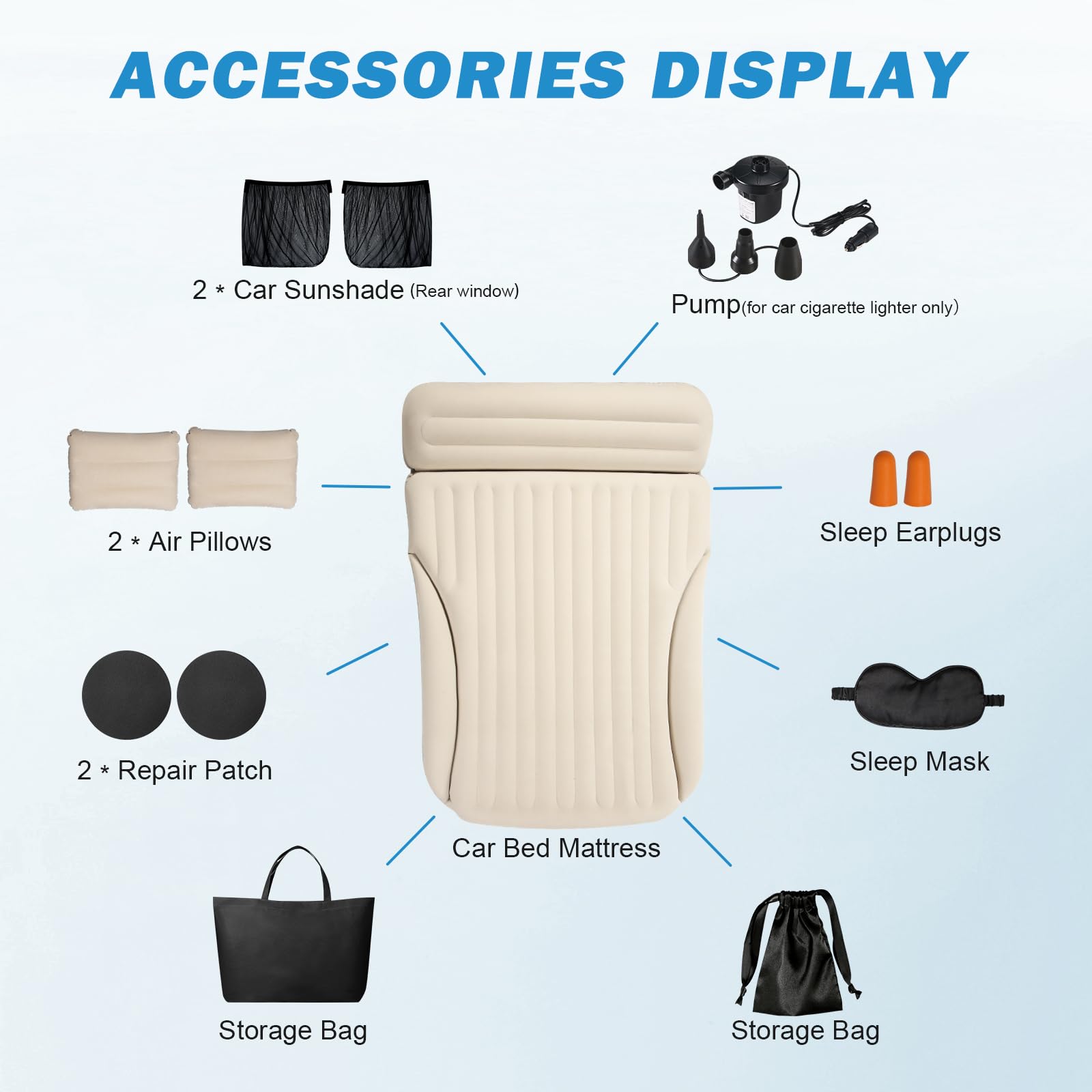 Ciremiv car bed pillow and pump accessories ready for instant setup